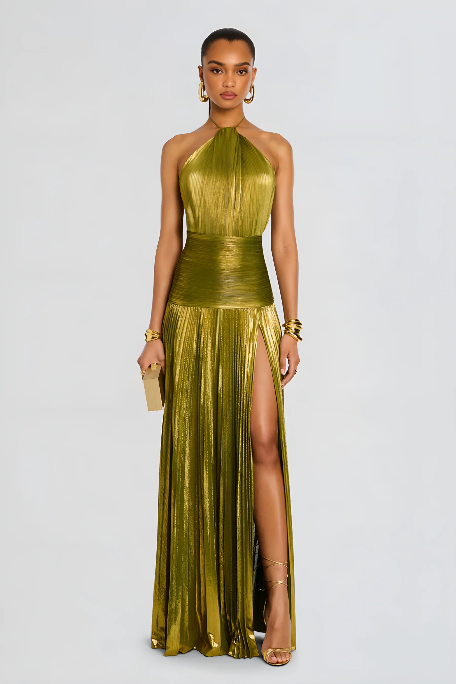 Thalia – Vestido Maxi Peridoto Metálico
