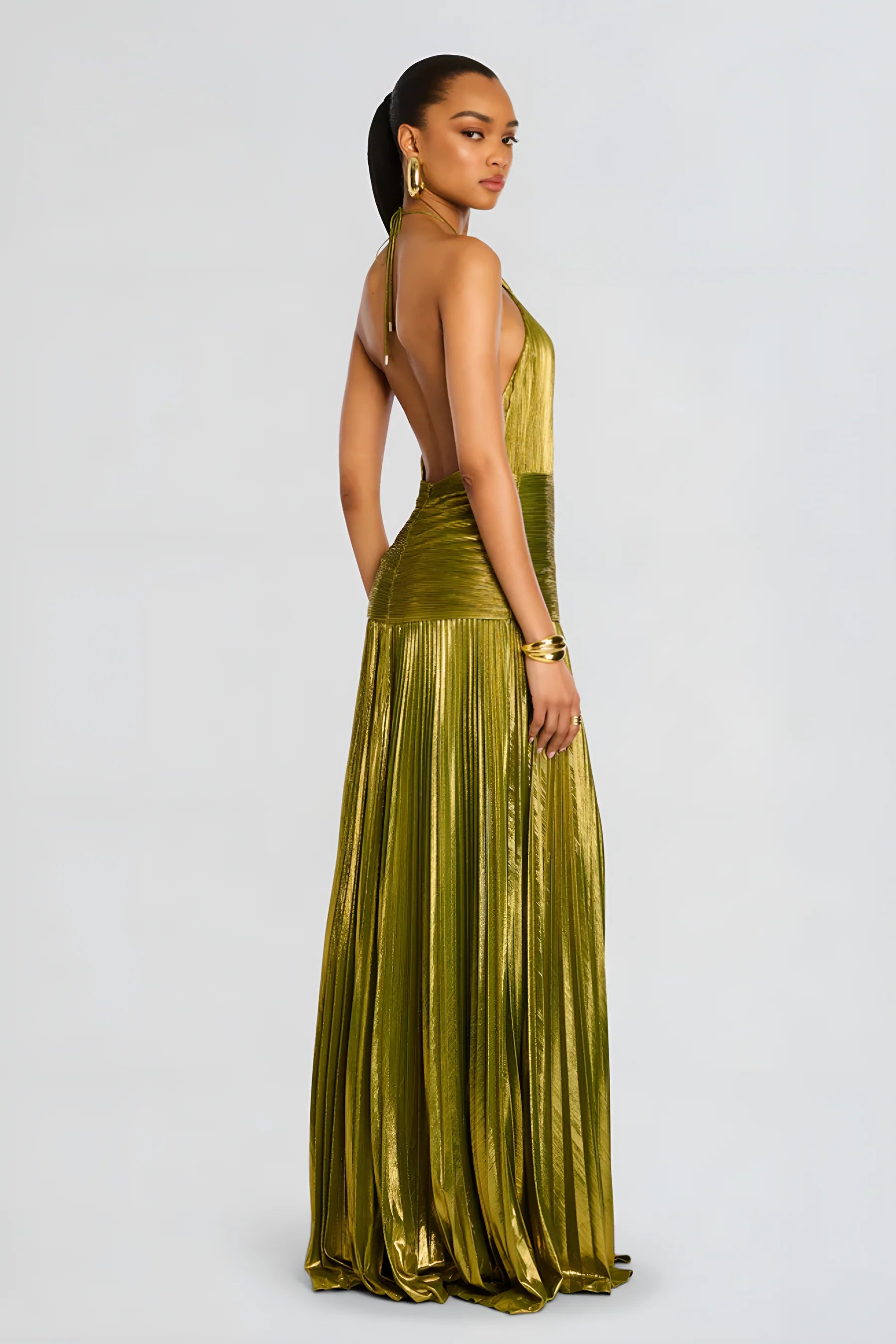Thalia – Vestido Maxi Peridoto Metálico