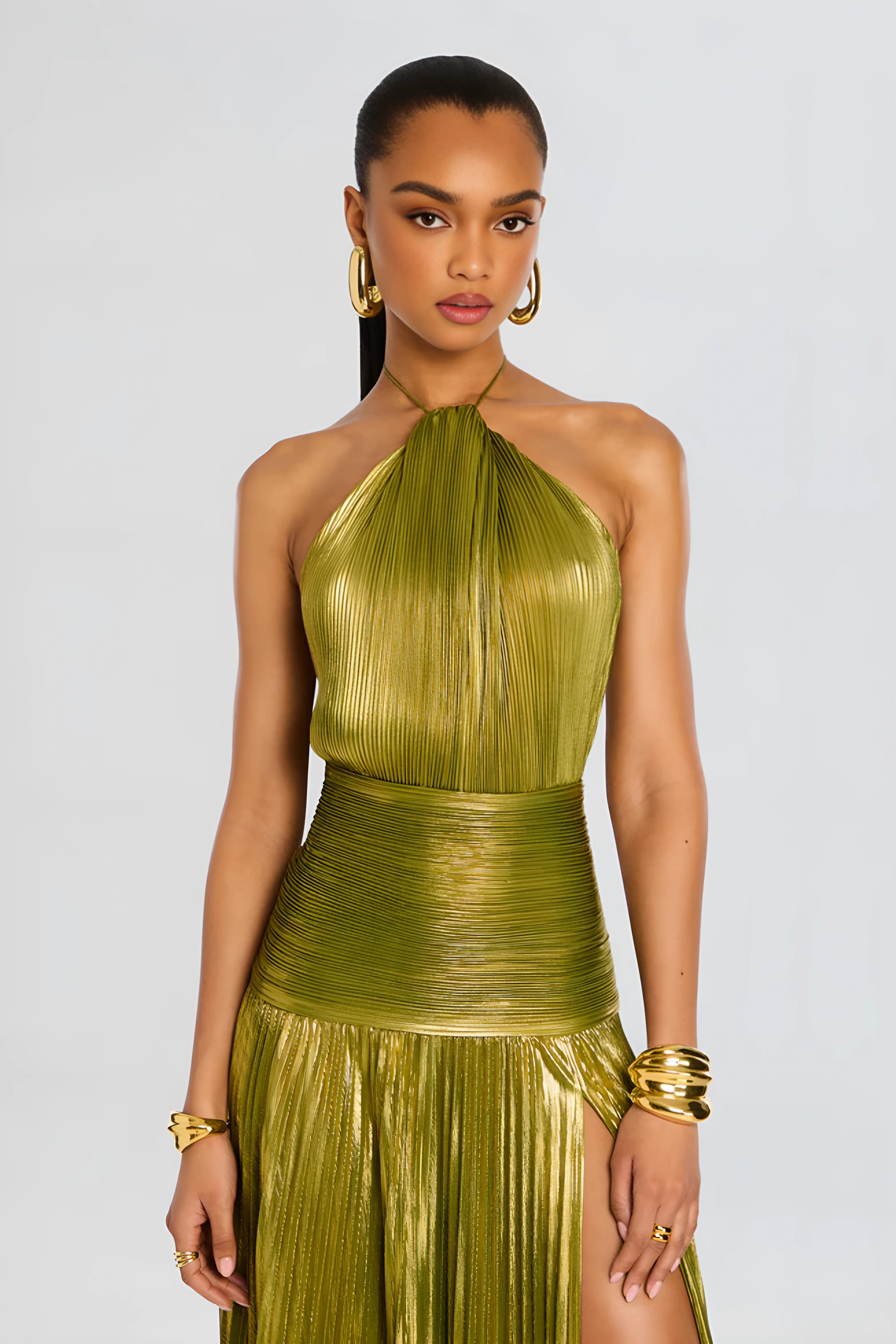 Thalia – Vestido Maxi Peridoto Metálico