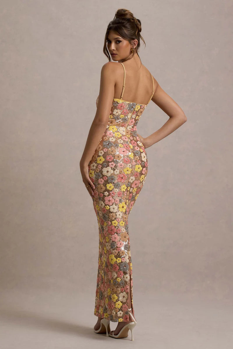 Elara – Vestido Maxi de Lentejuelas Florales