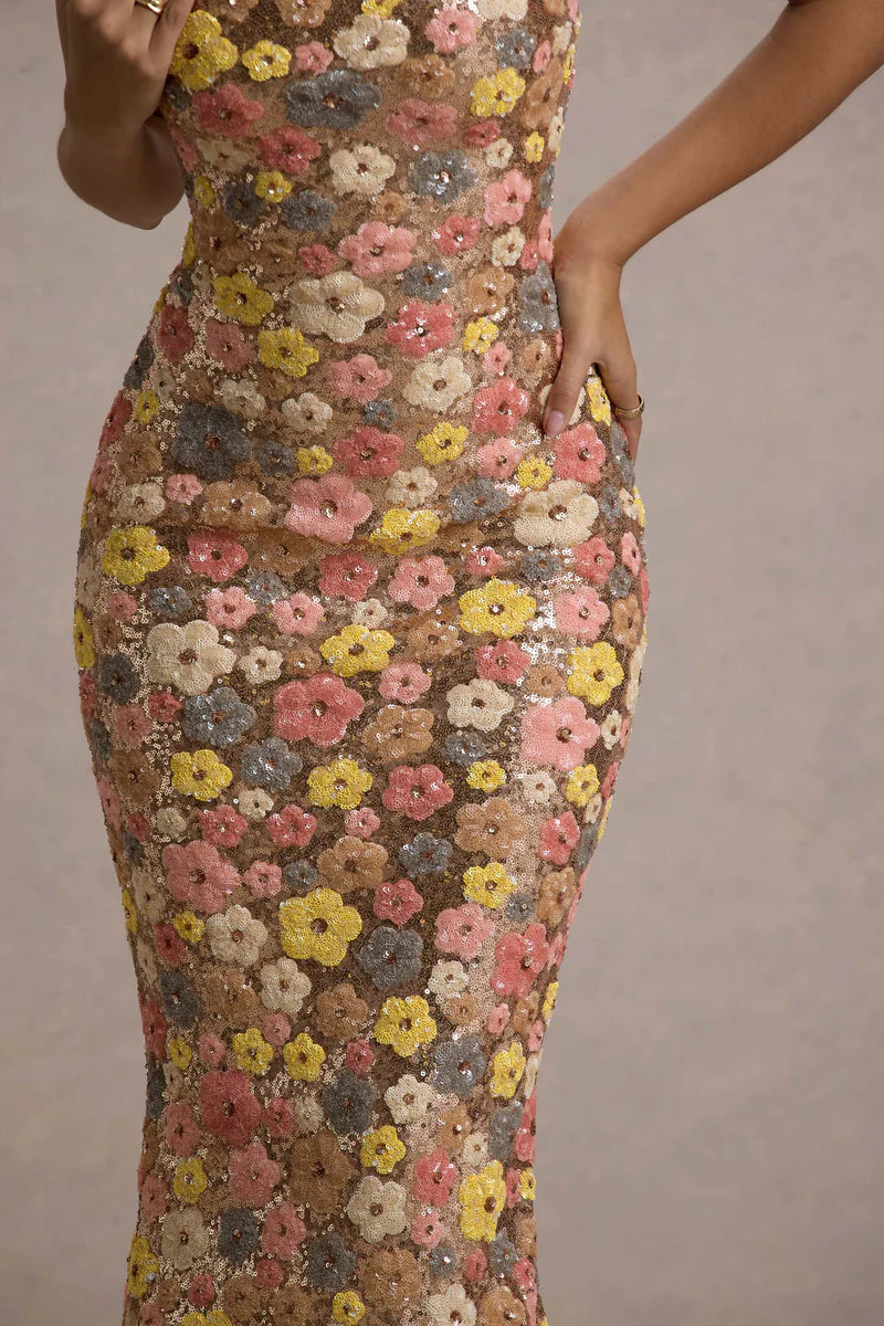 Elara – Vestido Maxi de Lentejuelas Florales