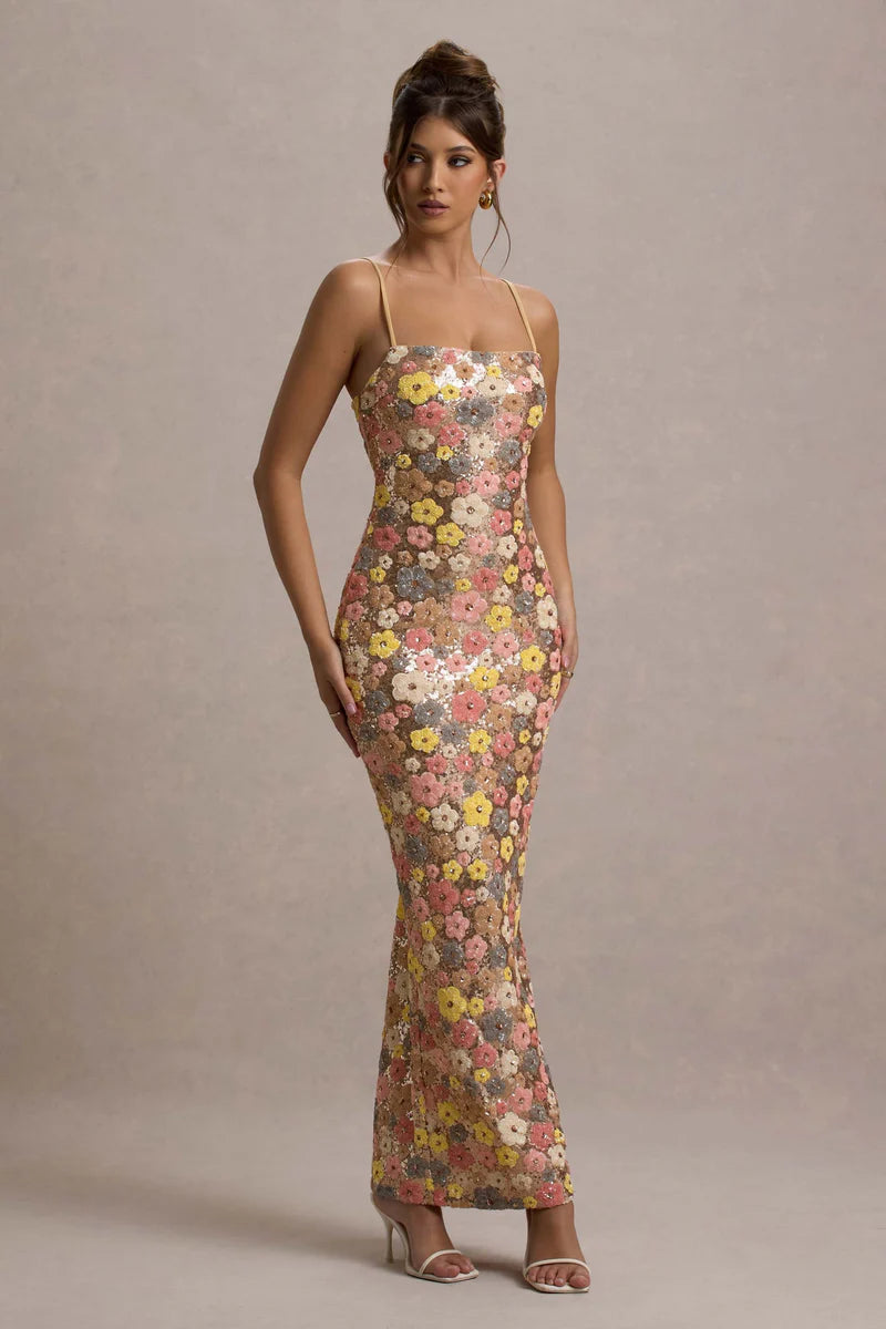 Elara – Vestido Maxi de Lentejuelas Florales
