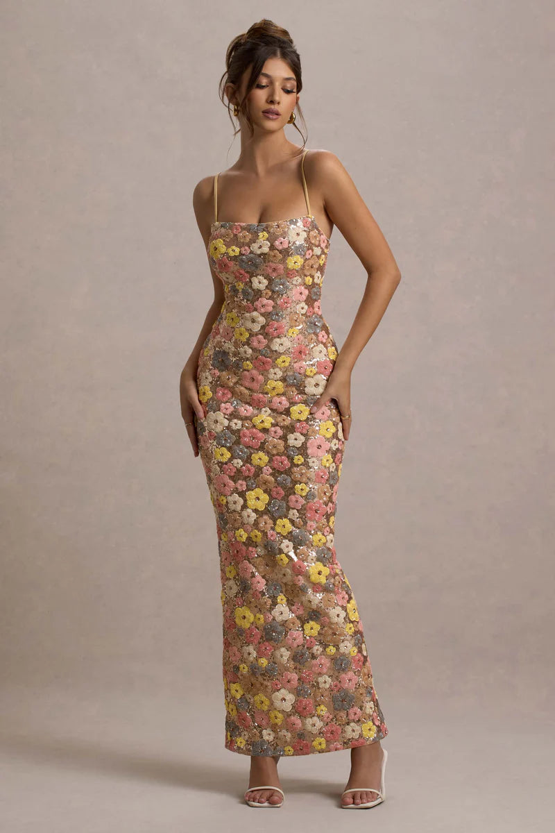 Elara – Vestido Maxi de Lentejuelas Florales