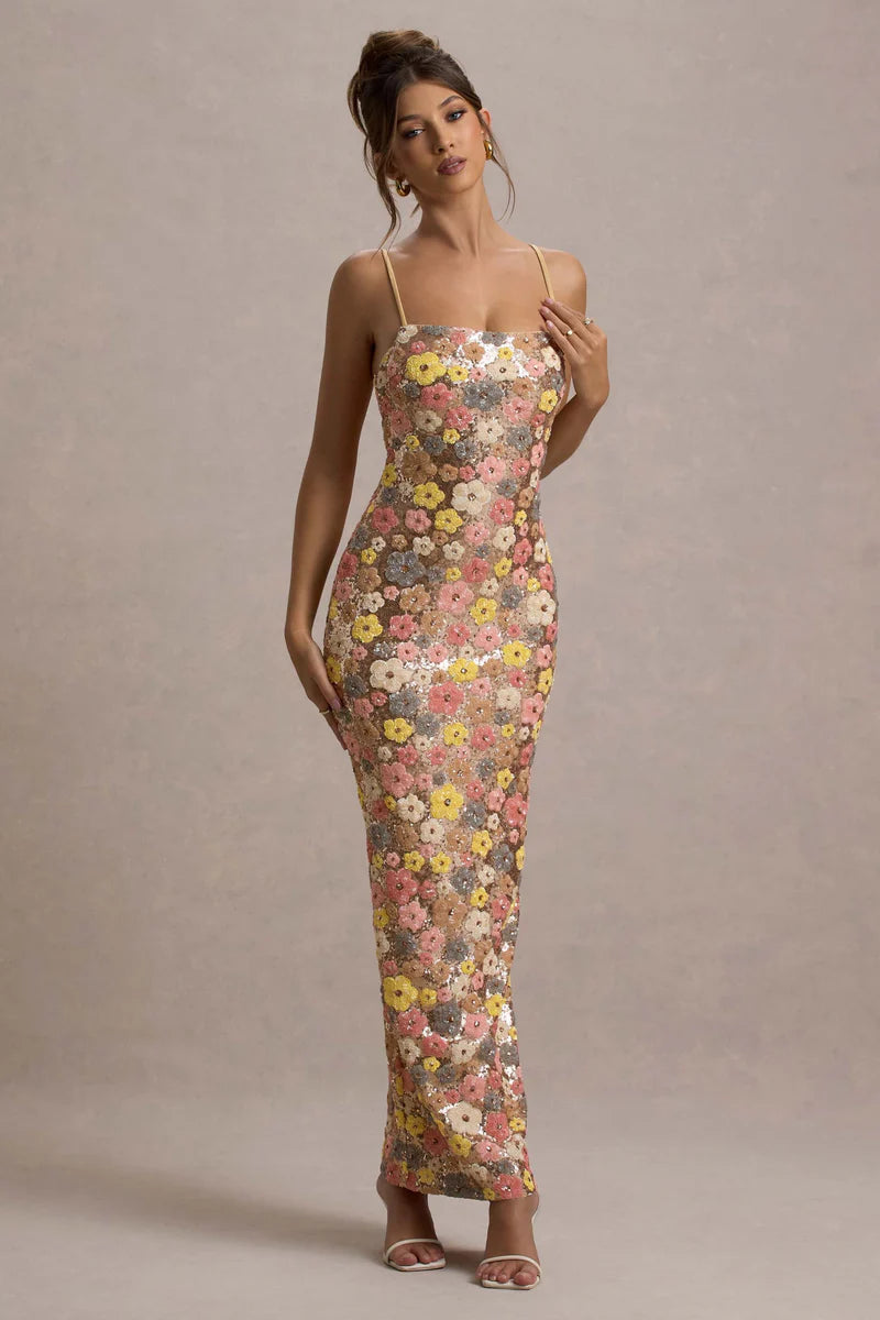 Elara – Vestido Maxi de Lentejuelas Florales